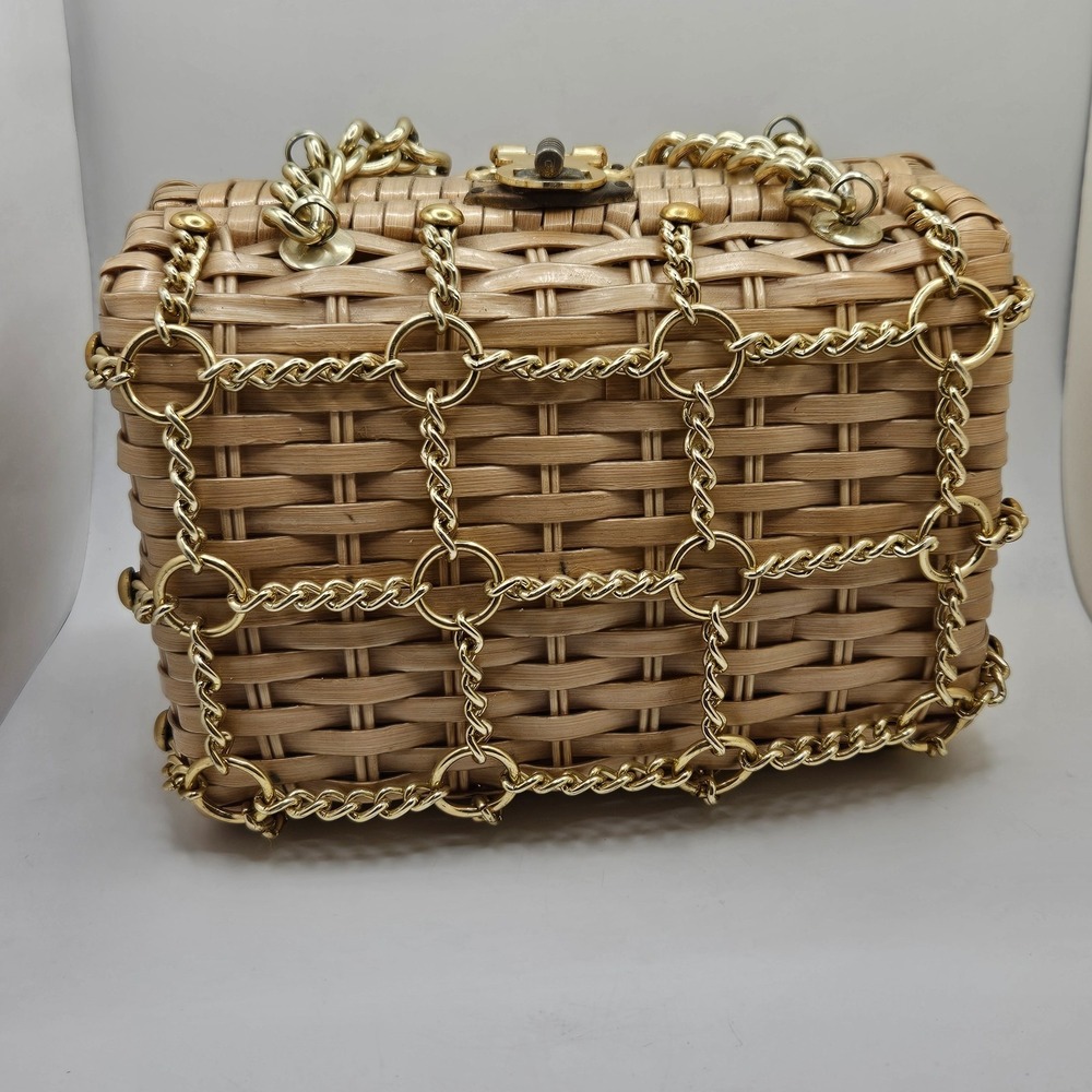 Vintage Handmade British Hong Kong Wicker Rattan Handbag Gold Chain Purse